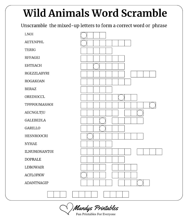 Wild Animals Word Scramble