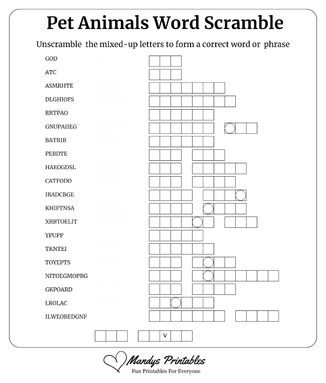 Pet Animals Word Scramble