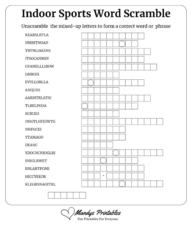 Indoor Sports Word Scramble