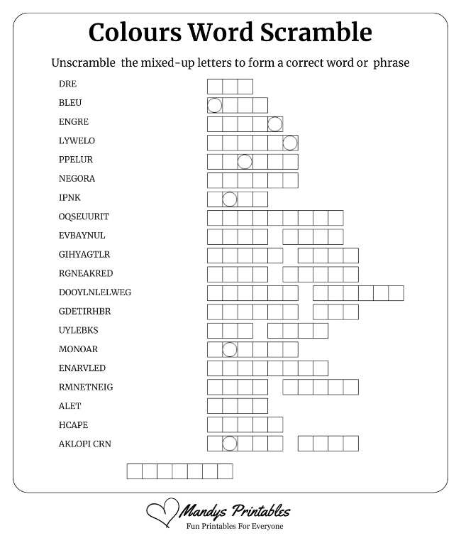 Colours Word Scramble