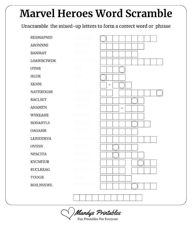 Marvel Heroes Word Scramble