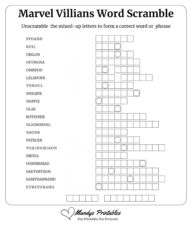 Marvel Villians Word Scramble