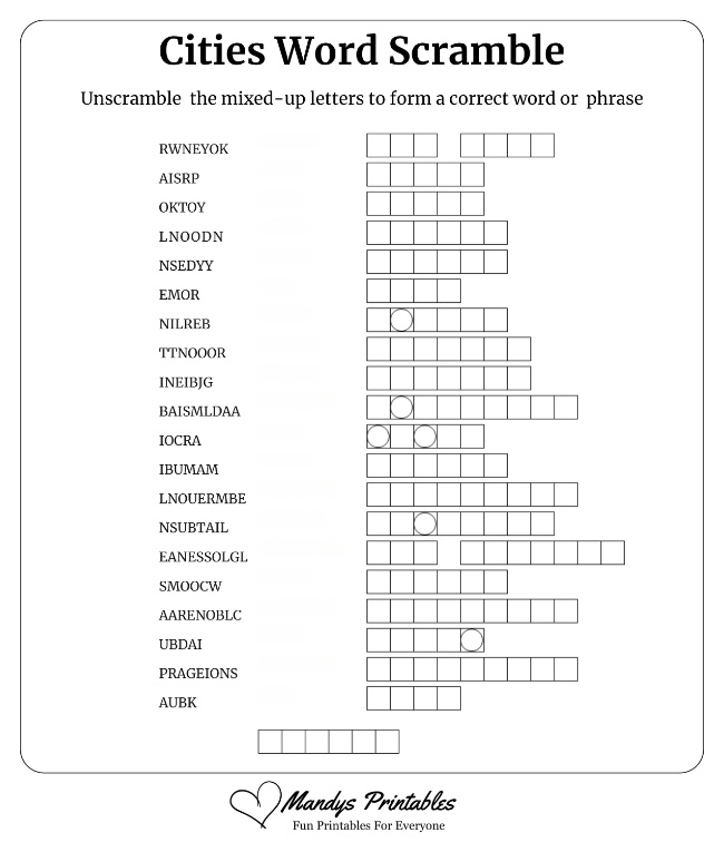 Cities Word Scramble