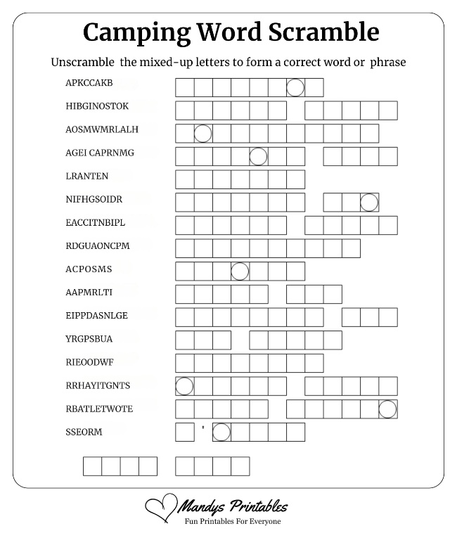 Camping Word Scramble