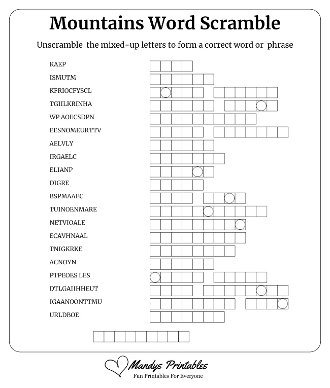 Mountains Word Scramble