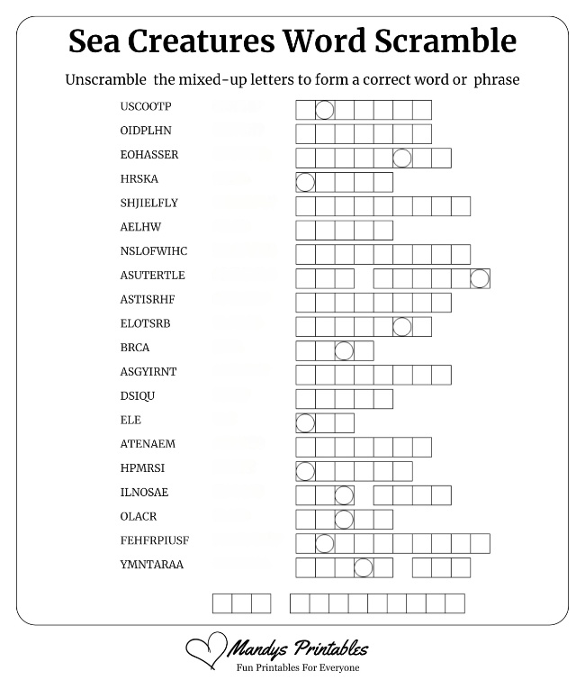 Sea Creatures Word Scramble