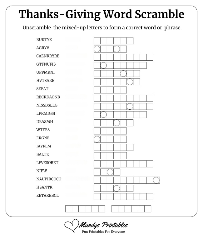 Thank- Giving Word Scramble