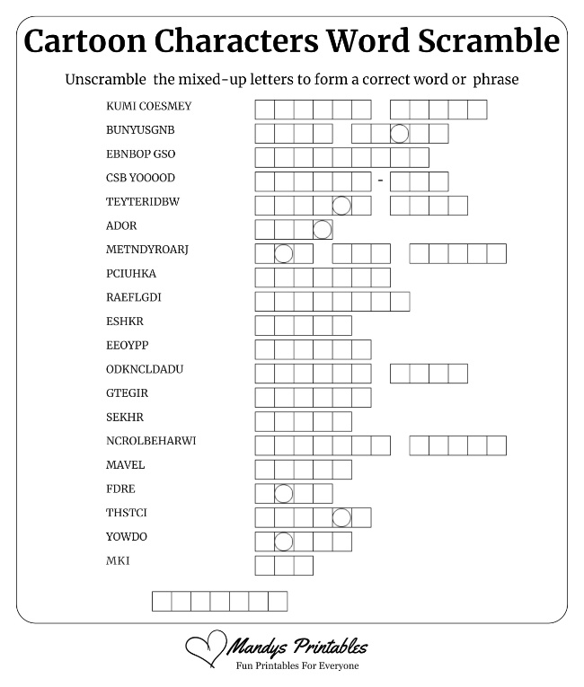 Cartoon Characters Word Scramble