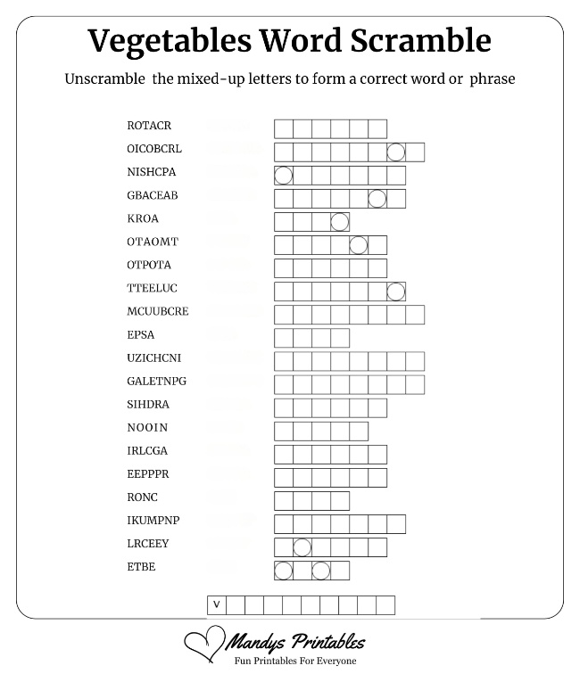 Vegetables Word Scramble