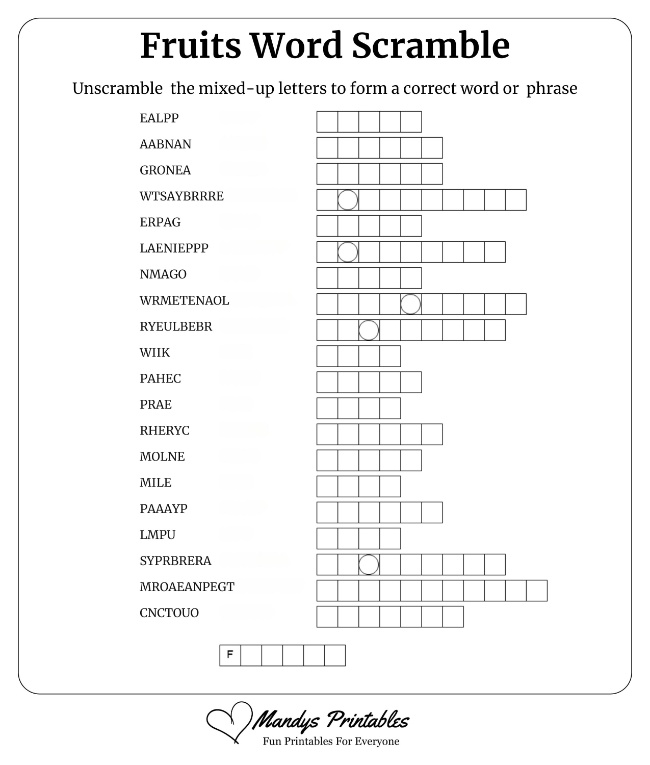 Fruits Word Scramble