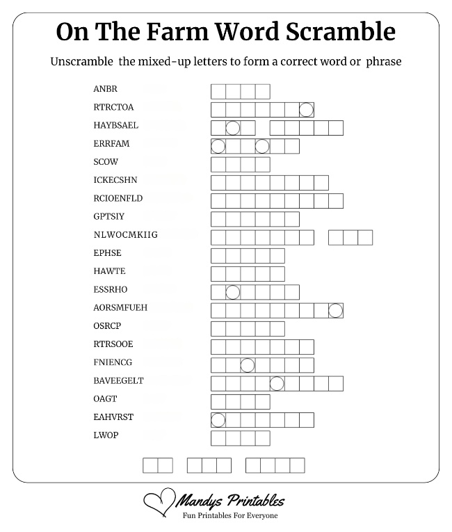 On the Farm Word Scramble