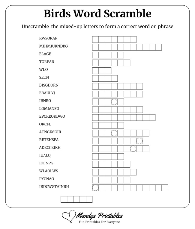 Birds Word Scramble