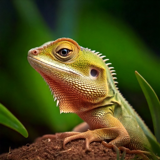 Close-up of a vibrant lizard with intricate scales, displaying shades of green and orange. It stands on a soil surface, surrounded by green plants, with a blurred, natural background. Its eye and spiky back are prominent.