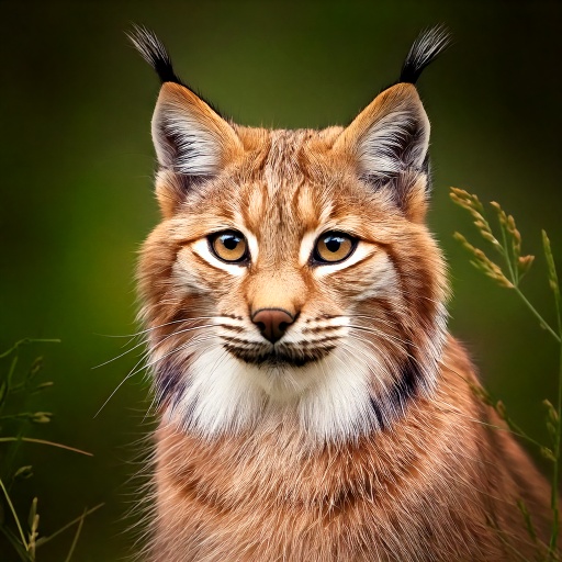 A close-up of a lynx with striking yellow eyes and distinctive black-tipped ears. Its fur is a mix of reddish-brown and white, set against a blurred green background, with some grass blades in view.