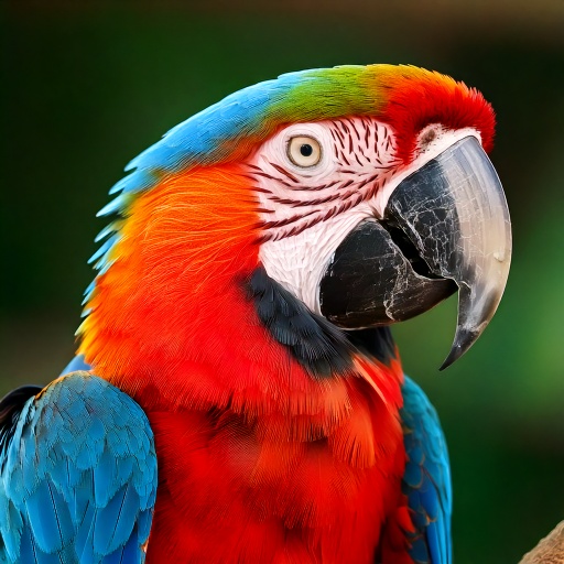 A vibrant scarlet macaw with red, blue, and yellow feathers stands against a blurred green background. Its sharp beak is prominent, and its eye is marked by a white patch. The feathers are detailed and vivid, showcasing the birds striking appearance.