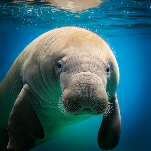 A manatee swims underwater, looking towards the camera. Its large, rounded body and whiskered snout are visible against a bright blue background. The surface of the water is rippling above.