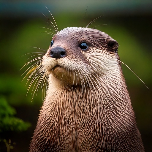 A curious otter with wet, glossy fur stands alert, looking slightly upward. Its whiskers are pronounced, and the background is blurred green, suggesting a natural habitat.