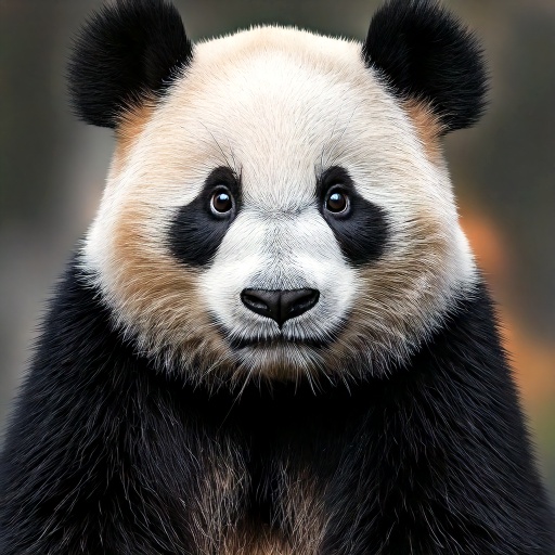 A close-up image of a panda bear looking directly at the camera. The panda has distinct black and white fur, with round ears, and is set against a blurred natural background.