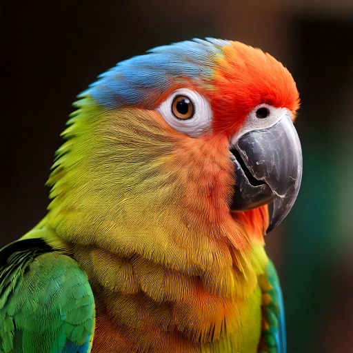 Close-up of a colorful parrot with a vivid orange head, white eye ring, and dark beak. Its feathers transition from bright green to yellow and blue, showcasing a spectrum of vibrant hues. The background is dark, highlighting the birds striking appearance.