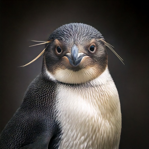 Close-up of a penguin chick with soft, downy feathers and a curious expression. The background is dark, highlighting the penguins light and dark feather pattern and small beak.