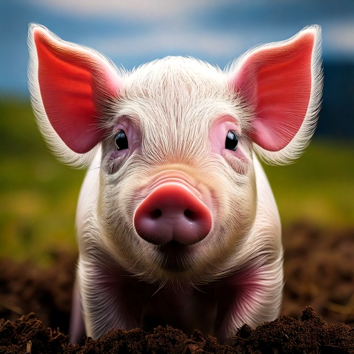 A cute piglet with large pink ears and a snout peers curiously into the camera. It stands on fresh earth, with a blurred green and blue background indicating a grassy field under a blue sky.