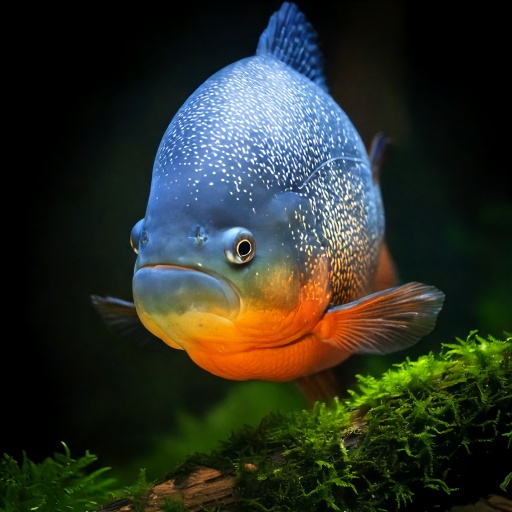 A vibrant fish with a blue speckled upper body and bright orange underside swims among green aquatic plants. Its rounded body and prominent eyes create a striking appearance against the dark water background.