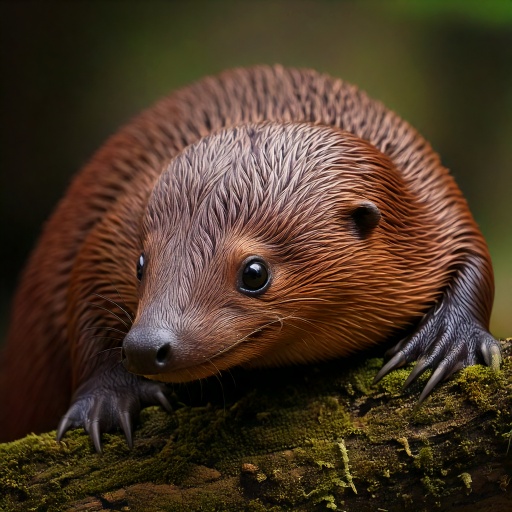 A realistic, cute, brown otter-like creature with shining eyes and wet fur is sitting on a textured, mossy branch, set against a blurred natural green background.