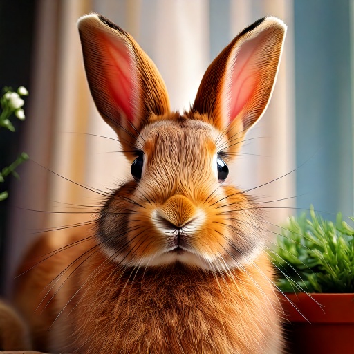 A realistic digital illustration of a brown rabbit with large ears and bright eyes, surrounded by green foliage. It appears alert and is set against a blurred background with vertical stripes.