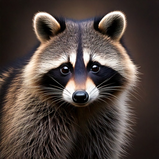 A close-up of a raccoon against a dark background. The raccoon has distinct facial markings with dark areas around its eyes, a pointed nose, and fluffy, grayish fur. Its ears are perked up, and its eyes are wide and bright.