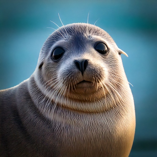 Close-up of a seal with round, shiny eyes and whiskers, looking directly at the camera. Its fur appears sleek and wet, with a gentle blue-green background that suggests a watery setting.