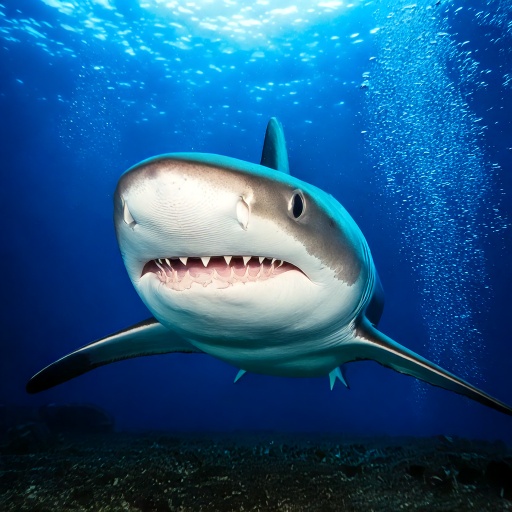 A shark swimming underwater, facing the camera with its mouth slightly open, showing sharp teeth. The background features blue water with bubbles rising towards the surface. The seabed is visible below.