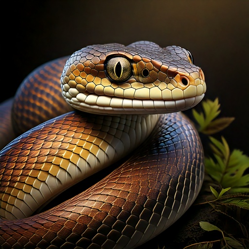 Close-up of a coiled snake with brown, white, and gold scales. Its head is lifted, showing prominent eyes and a smooth texture. The snake is surrounded by green leaves, set against a dark, blurred background.