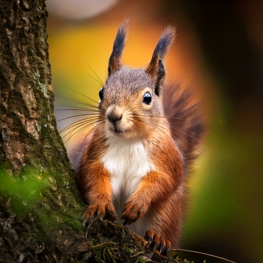 A small red squirrel with fluffy ears and a bushy tail clings to the side of a tree. The background is blurred with warm autumn colors, highlighting the squirrels attentive pose and bright eyes.