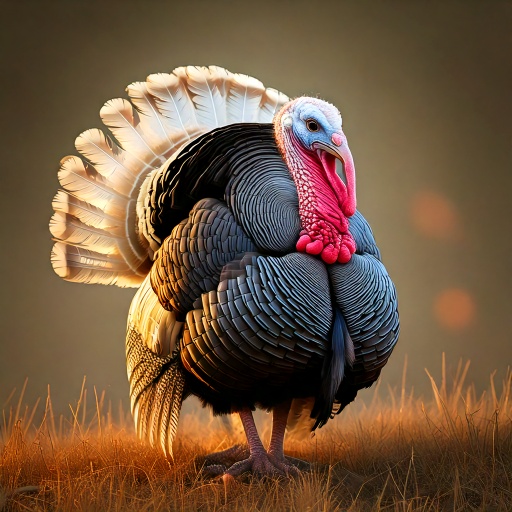 A majestic turkey stands in a field, displaying its vibrant, iridescent feathers. The tail is fully fanned out, and the turkeys head is a striking red and blue. The background is softly blurred, highlighting the bird in the warm light.