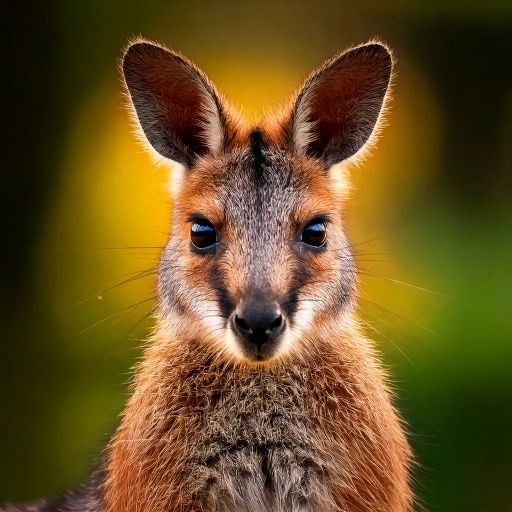 Close-up of a kangaroo with large ears and bright eyes, set against a blurred background of green and yellow hues. Its fur is brown with hints of lighter tones around the face, giving the animal a curious and alert expression.