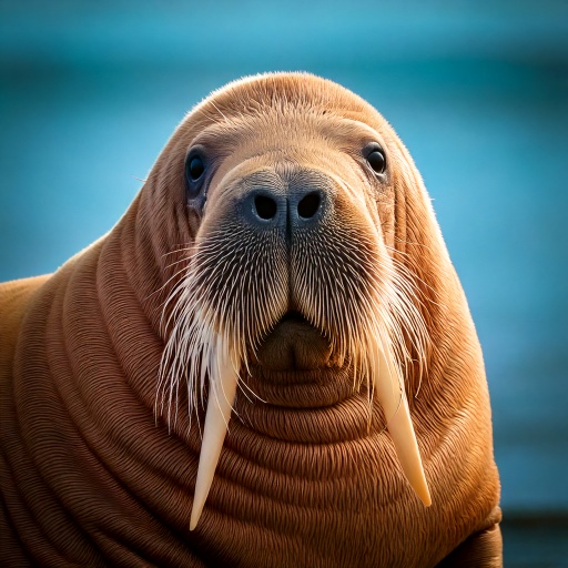 Close-up of a walrus with long tusks and whiskers against a blurred blue background, likely the sea. The walruss wrinkled skin is prominently visible, giving texture to its face, and its gaze is directed at the camera.