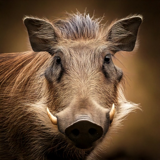 Close-up of a warthog with prominent tusks and coarse hair on its head and back, set against a blurred brown background. Its expressive eyes and snout are centered in the image, highlighting the animals distinctive features.