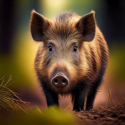 A realistic, close-up image of a wild boar with detailed fur, large ears, and a pronounced snout. The background is a softly blurred forest, giving the scene a natural, serene atmosphere.