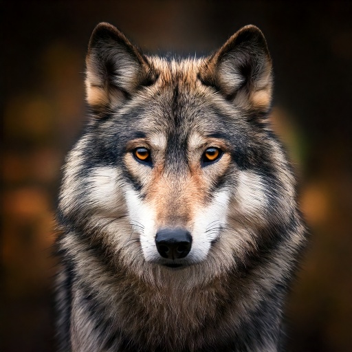 Close-up of a wolf with piercing yellow eyes, facing forward. Its thick fur is mixed in gray, black, and white. The blurred background consists of warm brown tones, enhancing the wolfs striking features.