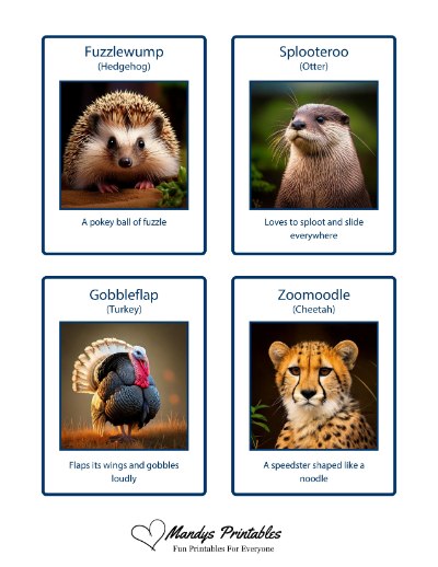 Four animal cards feature: Fuzzlewump (Hedgehog), a pokey ball of fuzzle; Splooteroo (Otter), loves to sploot and slide; Gobbleflap (Turkey), flaps wings and gobbles; Zoomoodle (Cheetah), a speedster shaped like a noodle. Mandys Printables is at the bottom.