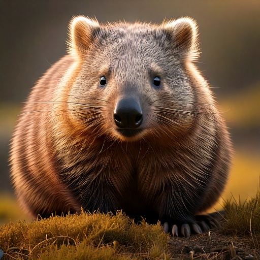 A wombat with soft, brown fur sits on grassy ground, looking directly at the camera. The background is softly blurred, highlighting the autumn-colored scenery.